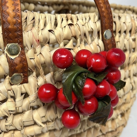 Straw Banana Leaf Woven Market Basket Bag Double Leather Handles - Picture 2 of 7